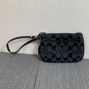 Coach Wristlet Wallet Womens Small Black Canvas Signature Clutch Purse Bag